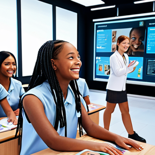 Home 4 **AI-Powered Personalized Education Platform:** A futuristic classroom with holographic displays showing personalized lesson content, a diverse group of students engaged and smiling, showcasing tailored learning paths. Stylize in a bright, optimistic, and tech-forward aesthetic.