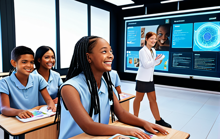 **AI-Powered Personalized Education Platform:** A futuristic classroom with holographic displays showing personalized lesson content, a diverse group of students engaged and smiling, showcasing tailored learning paths. Stylize in a bright, optimistic, and tech-forward aesthetic.
